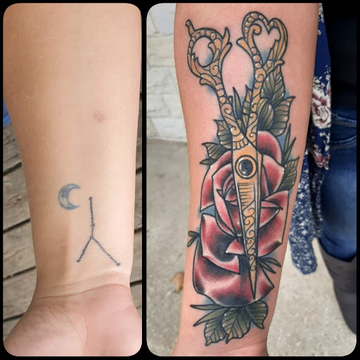 Explore chandelier tattoo ideas, creative tattoo ideas in Lakeview, available at Backwoods Tattoo Studio