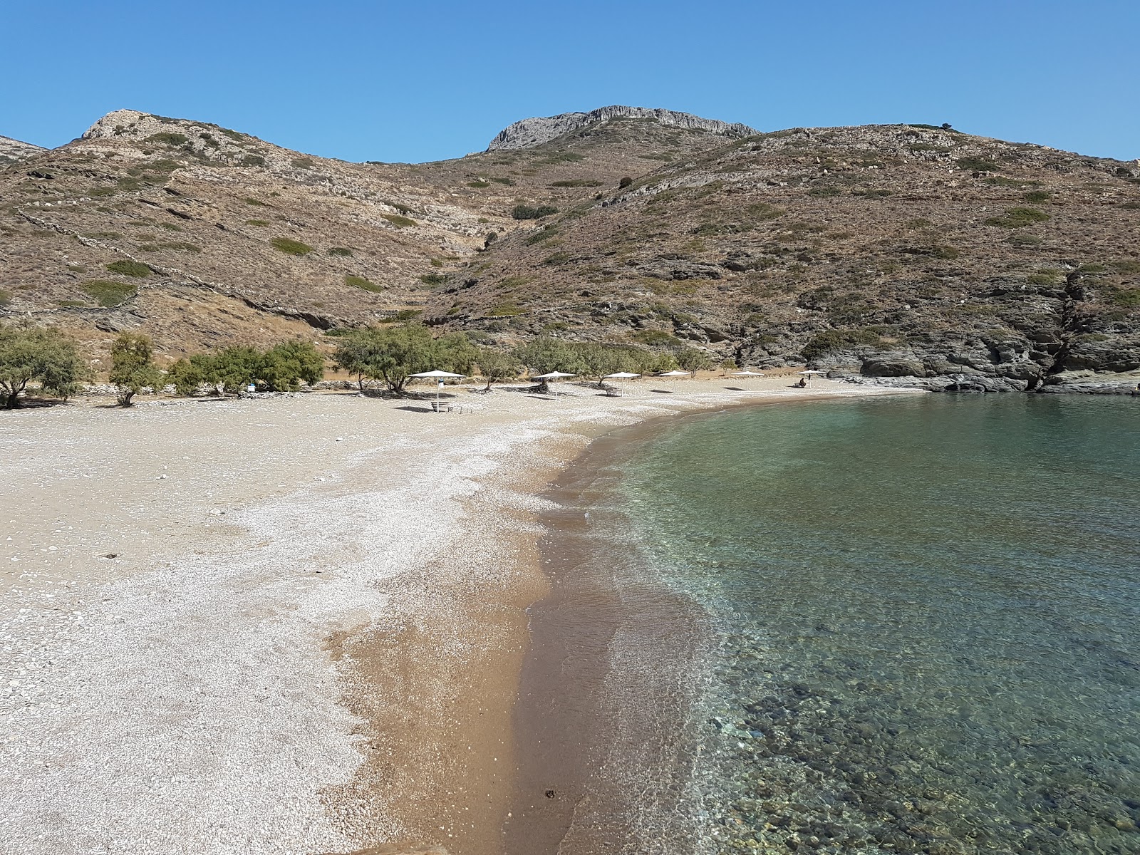 Foto van Agios Georgios met zand met kiezelstenen oppervlakte