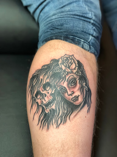 Explore dead dog tattoo ideas, creative tattoo ideas in Warrenville, available at NoodlesTattoo Co. & Studio