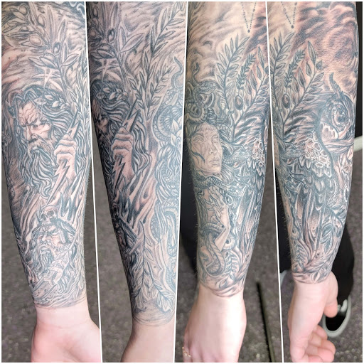 Explore half leg sleeve tattoo ideas for men, creative tattoo ideas in Sarasota, available at Z-Edge Tattoo and Body Piercing North Shop