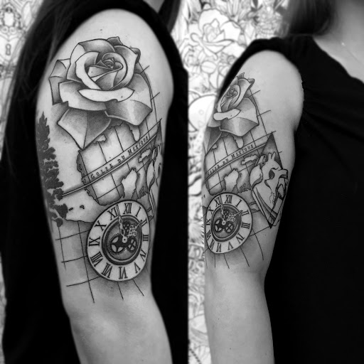 Explore globe tattoo ideas, creative tattoo ideas in Zumbrota, available at Art by Sinclair Tattoo Artist At Dry Bones Ink