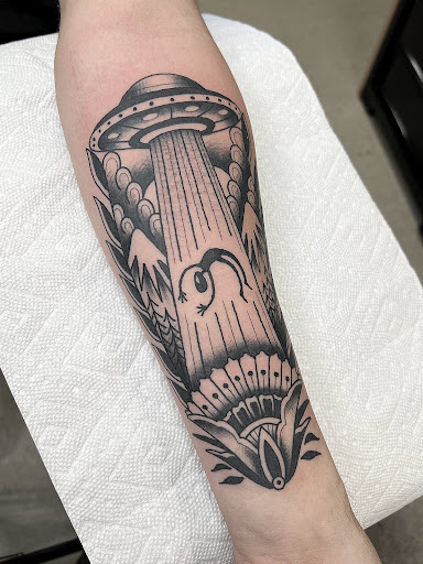 Explore sunflower arm tattoo ideas, creative tattoo ideas in Elkin, available at Black Bear Tattoo