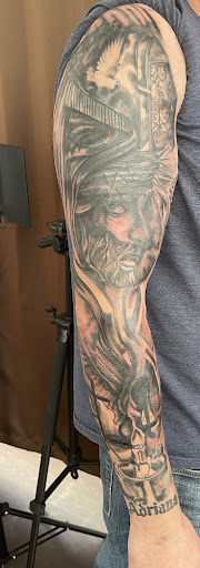 Explore aztec tattoo sleeve ideas, creative tattoo ideas in Medina, available at Greasers Ink