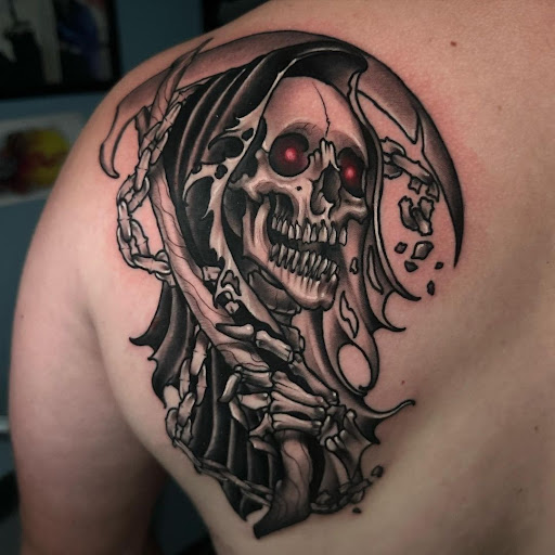 Explore viking sleeve tattoo ideas, creative tattoo ideas in Calhoun, available at A Sailors Grave Tattoo Parlor