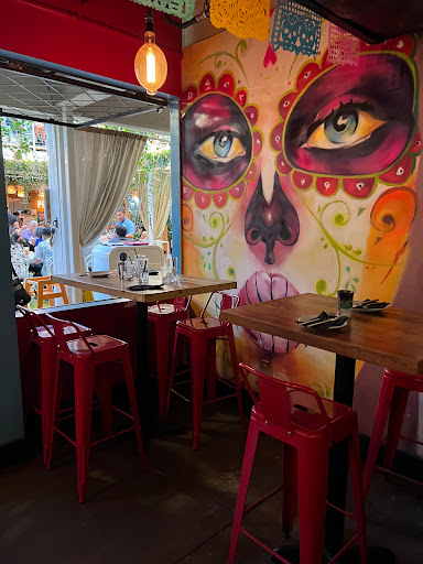 Seating with cool art on the wall
