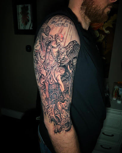 Explore trapezius tattoo ideas, creative tattoo ideas in Roanoke, available at Saint Cecilias Art Studio