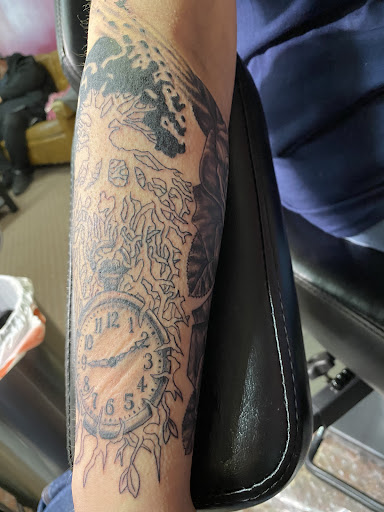 Explore gangster tattoo sleeve ideas, creative tattoo ideas in Orland, available at K1LL3R ARTW0RK