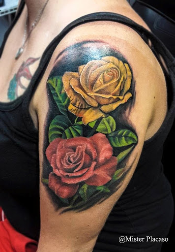 Explore mens back shoulder tattoo ideas, creative tattoo ideas in Tulia, available at Mister Placasos Tattoo Shop
