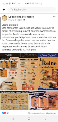 Restauration rapide La Reine de Sainte Maure à Sainte-Maure-de-Touraine (le menu)