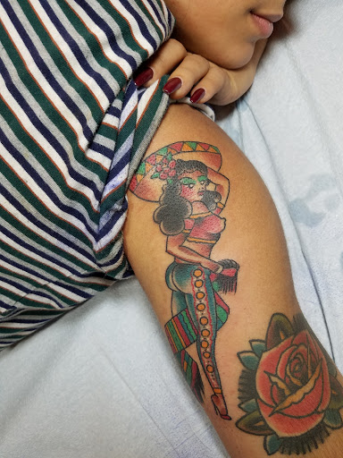 Explore colorful sleeve tattoo ideas, creative tattoo ideas in Los Angeles, available at Tinta Rebelde hardcore tattoo