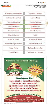 Menu du Pizza Lieferservice Dhillon à Griesheim