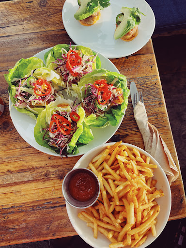 French Fries, fried chicken lettuce wraps, Crispy Spicy Tuna 