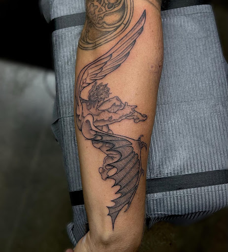 Explore filler sleeve tattoo ideas, creative tattoo ideas in Bloomington, available at Crystal Moon Body Arts