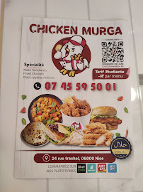 Carte du Chicken Murga/restaurant halal à Nice/spécialisés dans les plats de poulet frits/fast-food/chicken chicken/cheese naan/Burger à Nice