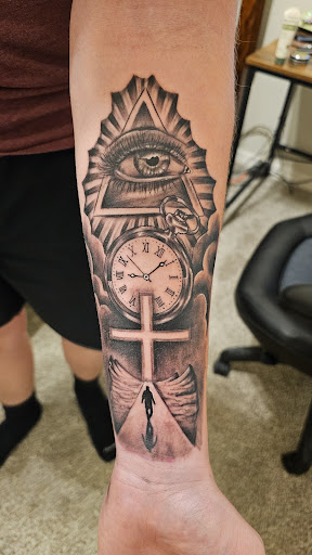 Explore space sleeve tattoo ideas, creative tattoo ideas in Magnolia, available at Lucky Sparrow Tattoo Shop and Piercing