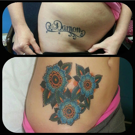 Explore rose name tattoo ideas, creative tattoo ideas in Temple, available at Lucky In Love Tattoo
