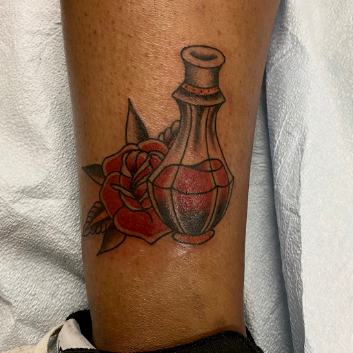 Explore thigh tattoo idea, creative tattoo ideas in Charlottesville, available at Have Heart Tattoo