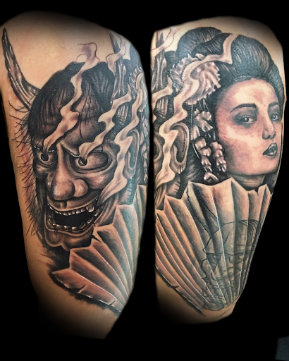 Explore upper arm sleeve tattoo ideas, creative tattoo ideas in Buford, available at Norsk Studios Tattoos & Piercings