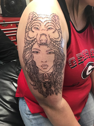 Explore stitch and angel tattoo ideas, creative tattoo ideas in Saint Marys, available at Empire Tattoo