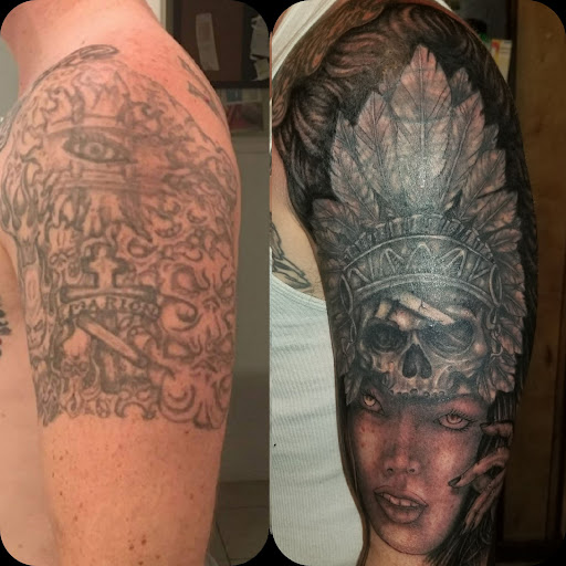 Explore mens tattoo cover up ideas, creative tattoo ideas in Nashua, available at Glass St Tattoo