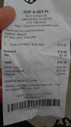 Locksmith «DUP-A-KEY Locksmith Service», reviews and photos, 3675 Voltaire St, San Diego, CA 92106, USA