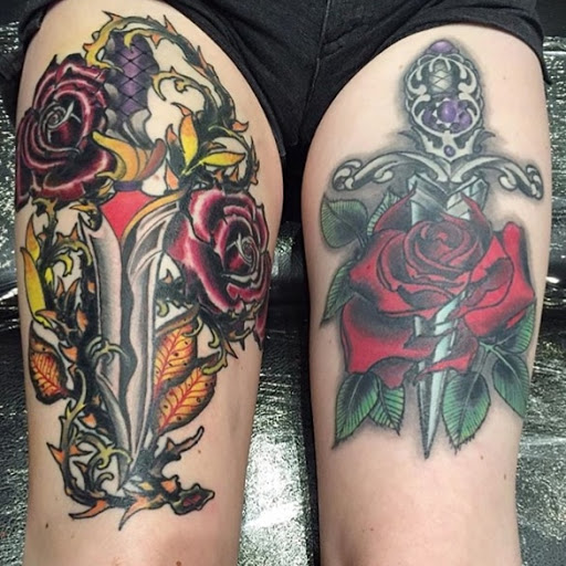 Explore guy thigh tattoo ideas, creative tattoo ideas in Ventura, available at JDs Tattoos