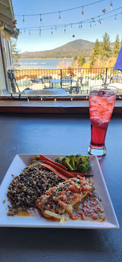 Salmon, rice, broccoli for lunch..yum.
Watermelon italian soda. Nice view of Big Bear Lake from this table!  😮