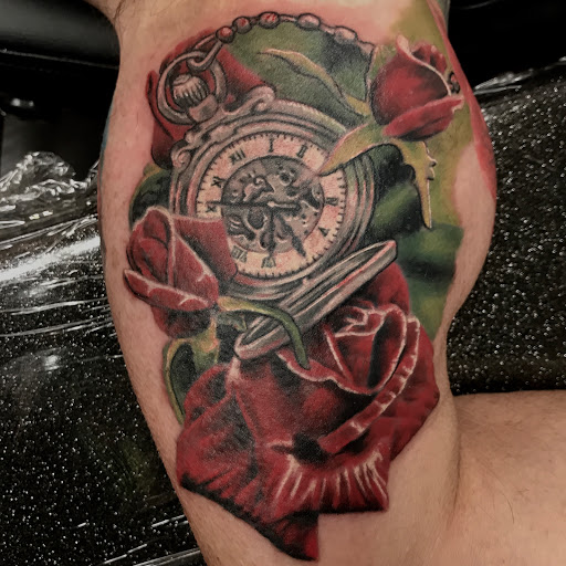 Explore women's leg tattoo ideas, creative tattoo ideas in Addison, available at Cat Tattoo