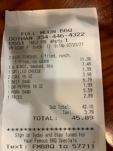 Barbecue Restaurant «Full Moon Bar-B-Que», reviews and photos, 3826 Montgomery Hwy, Dothan, AL 36303, USA