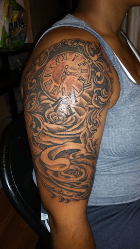 Explore clock sleeve tattoo ideas, creative tattoo ideas in Sumter, available at LegendaryArt,LLC ,Tattoo Shop