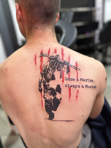 Explore maryland flag tattoo ideas, creative tattoo ideas in Fort Worth, available at The Bearded Moon Tattoo Studio