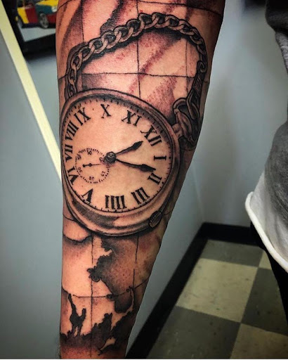 Explore dog sleeve tattoo ideas, creative tattoo ideas in Westport, available at Darkstar Tattoo and Body Piercing