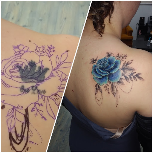 Explore cover up flower tattoo ideas, creative tattoo ideas in Wills Point, available at Ink Insurgency
