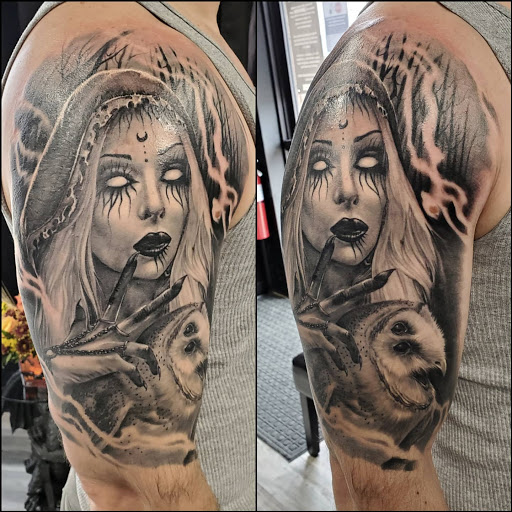 Explore shoulder tribal tattoo ideas, creative tattoo ideas in Utica, available at Watchtower Tattoo Company