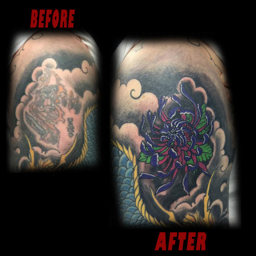 Explore upper arm cover up tattoo ideas, creative tattoo ideas in Nashville, available at Titan Tattoo