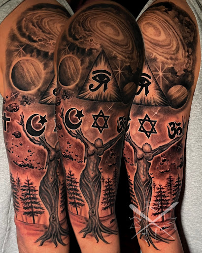 Explore chest tattoo idea, creative tattoo ideas in Renton, available at Handsome Devil Ink