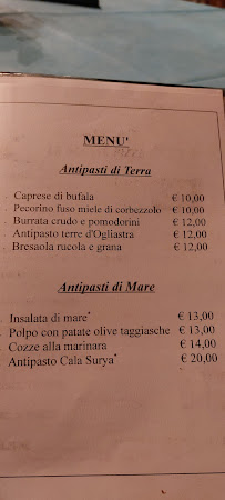 Restaurant Cala Surya à Perdepera (le menu)