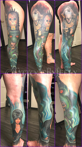 Explore leg tattoo idea, creative tattoo ideas in San Angelo, available at Jellys Surly Skull, LLC