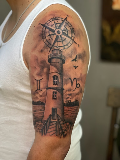 Explore aztec chest tattoo ideas, creative tattoo ideas in Roanoke, available at Saint Cecilias Art Studio