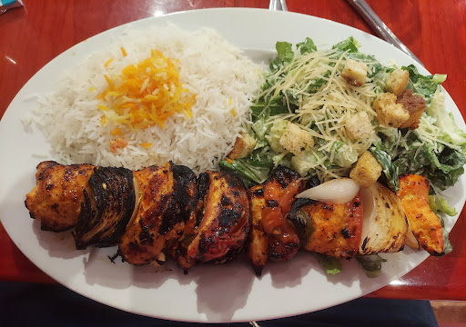 Chicken kabob, basmati rice with cesar salad