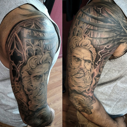 Explore portrait tattoo sleeve ideas, creative tattoo ideas in Hollister, available at FAULTLINE TATTOO