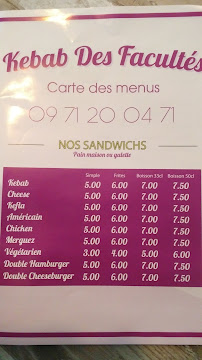 Menu du Kébab des Facultés à Dijon