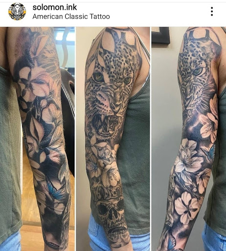 Explore tattoo leg sleeve ideas, creative tattoo ideas in Newport News, available at American Classic Tattoo