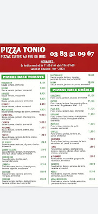 Carte du Pizza Tonio vélodrome à Vandœuvre-lès-Nancy