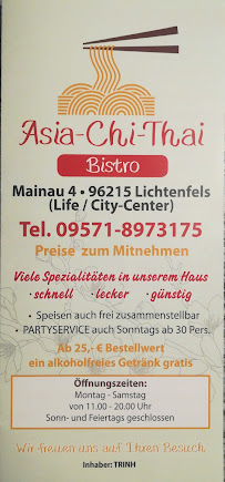 Restaurant asiatique Asia-Chi-Thai à Lichtenfels (le menu)