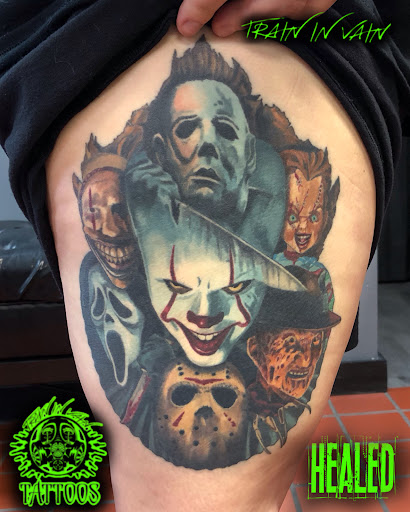 Explore girl thigh tattoo ideas, creative tattoo ideas in Salina, available at Train in Vain Tattoos