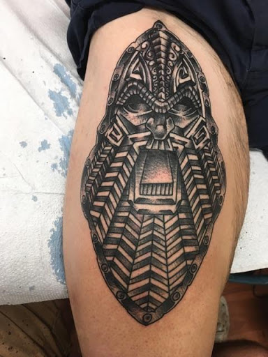 Explore mens tattoo ideas leg, creative tattoo ideas in Portsmouth, available at World Famous Blue Horseshoe Tattoo and Piercing