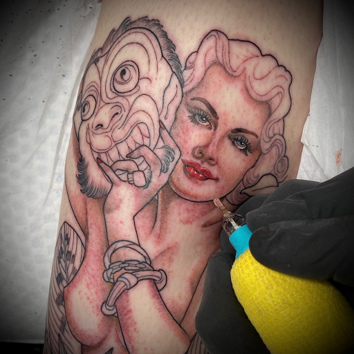 Explore thigh tattoo ideas men, creative tattoo ideas in Wappingers Falls, available at Twin Tides Tattoo
