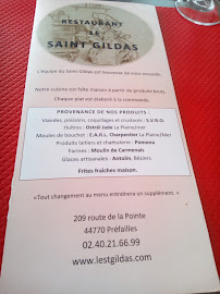 Carte du Restaurant Le Saint Gildas à Préfailles