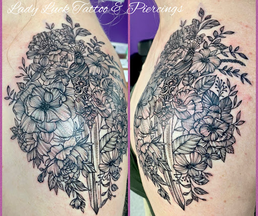 Explore leg tattoo idea, creative tattoo ideas in Goshen, available at Lady Luck Studio